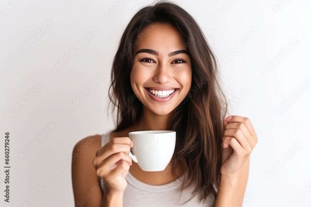 Close up of a young woman holding coffee cup in the morning on white background. Generative Ai Close up of a young woman holding coffee cup in the morning on white background. Generative Ai
