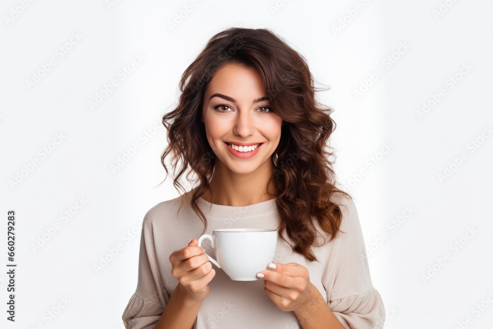 Close up of a young woman holding coffee cup in the morning on white background. Generative Ai Close up of a young woman holding coffee cup in the morning on white background. Generative Ai