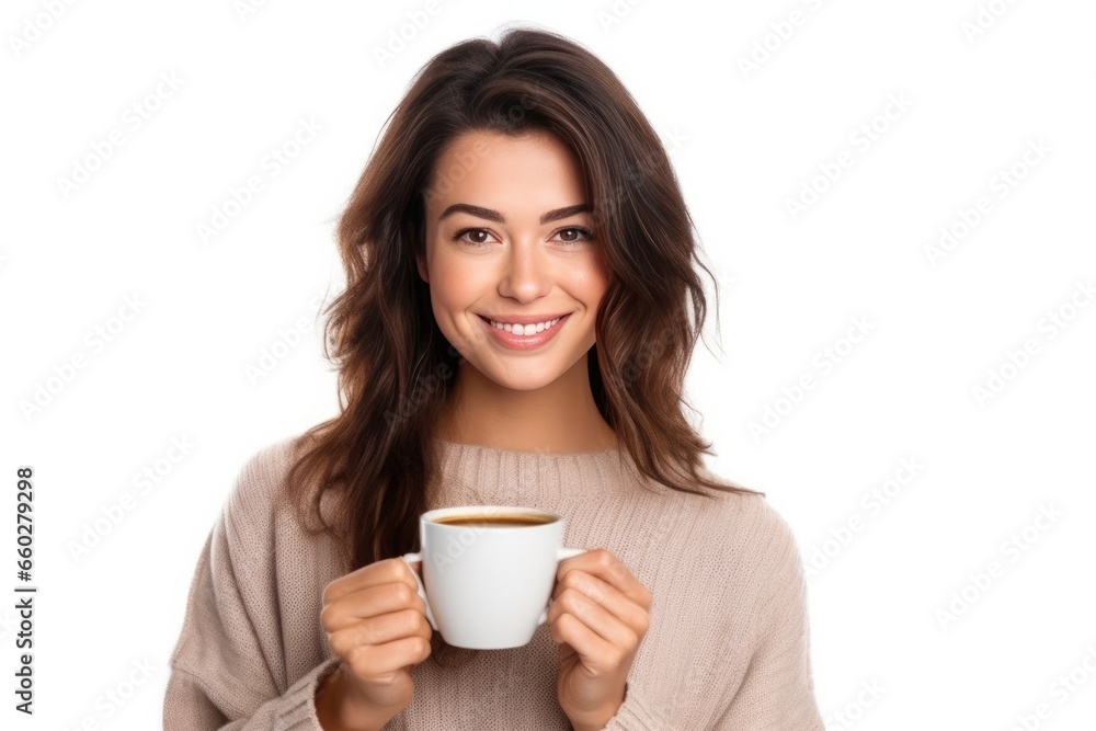 Close up of a young woman holding coffee cup in the morning on white background. Generative Ai Close up of a young woman holding coffee cup in the morning on white background. Generative Ai