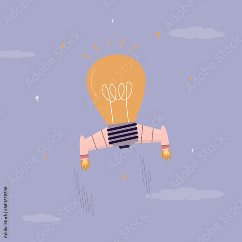 Idea lightbulb with rocket boosters and wings fly in sky. Rocket launch light bulb. Startup Innovation and development new idea concept. Digital marketing boost up.