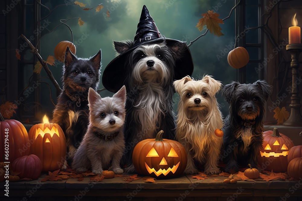 Fototapeta premium Pet Parade Delight, Whimsical Halloween Costumes, Created with Generative AI
