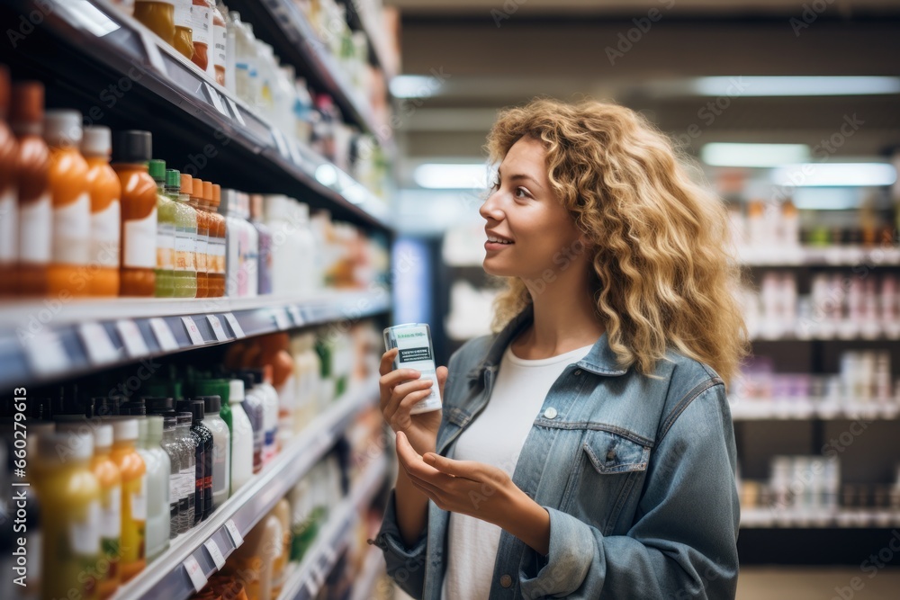 A woman shopping in a supermarket, taking into account nutritional values, prices and composition, demonstrating conscious consumer behavior.
