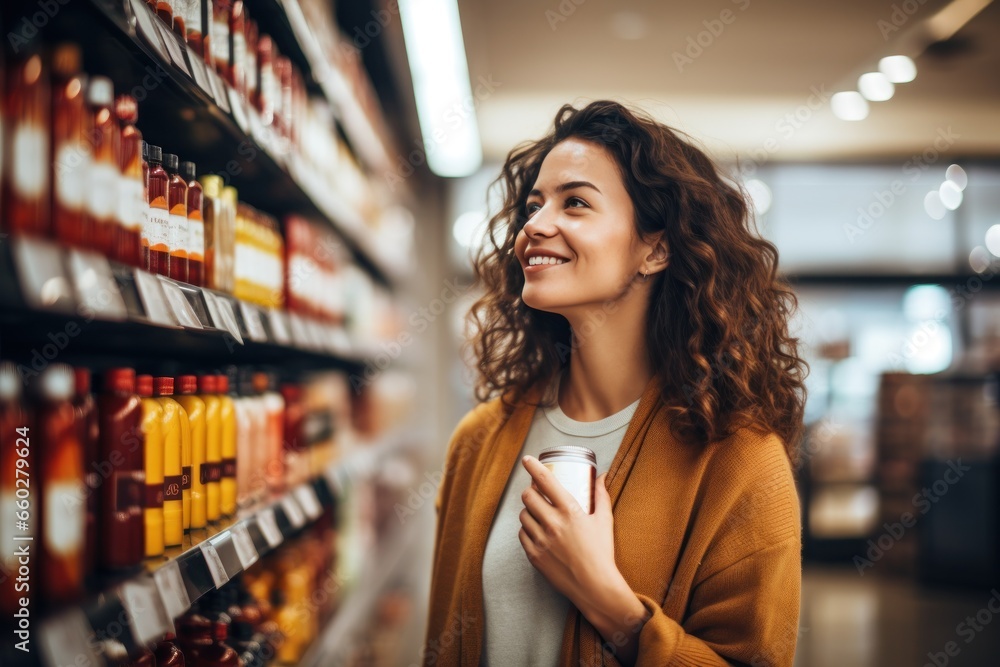 A woman shopping in a supermarket, taking into account nutritional values, prices and composition, demonstrating conscious consumer behavior. A woman shopping in a supermarket, taking into account nutritional values, prices and composition, demonstrating conscious consumer behavior.