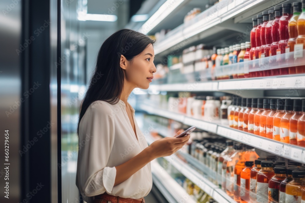 A woman shopping in a supermarket, taking into account nutritional values, prices and composition, demonstrating conscious consumer behavior. A woman shopping in a supermarket, taking into account nutritional values, prices and composition, demonstrating conscious consumer behavior.
