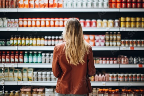 A woman shopping in a supermarket, taking into account nutritional values, prices and composition, demonstrating conscious consumer behavior. photo