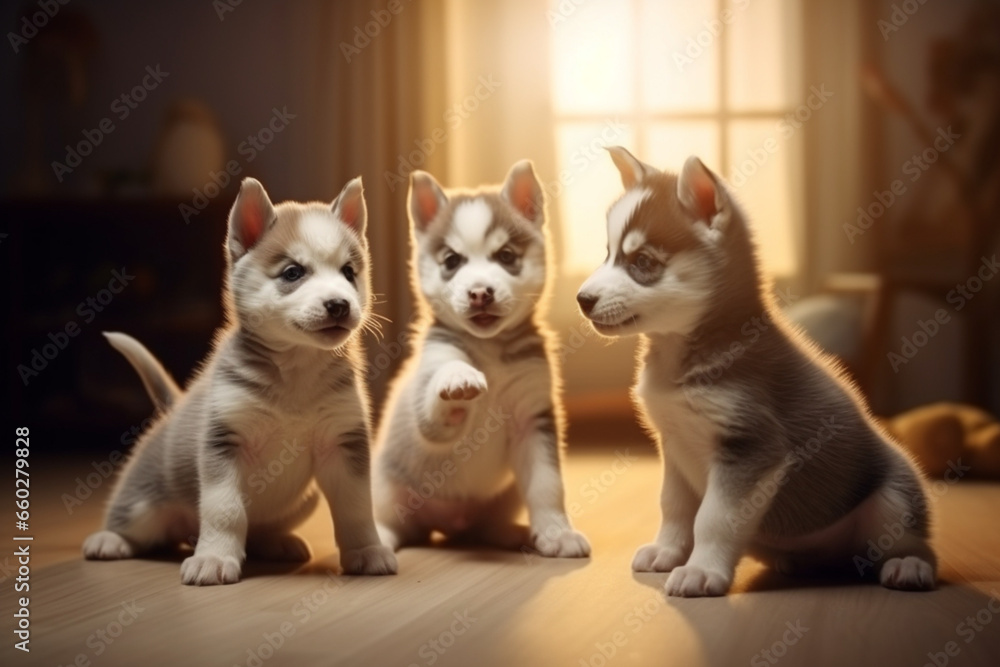Group of cute playful Siberian Husky puppies are playing at home, soft lightinig