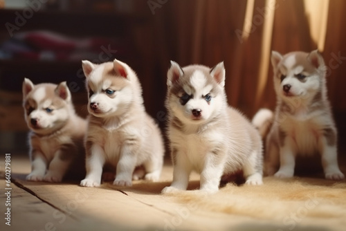 Group of cute playful Siberian Husky puppies are playing at home, soft lightinig © alisaaa