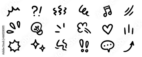 Line movement effect element, cartoon emotion effect decoration icon. Hand drawn cute doodle line element arrow, emphasis, shock, sparkle. Anime movement, express shape. Vector illustration.