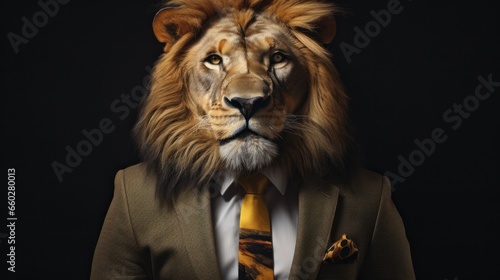 Hyper-realistic lion in suit, businessman