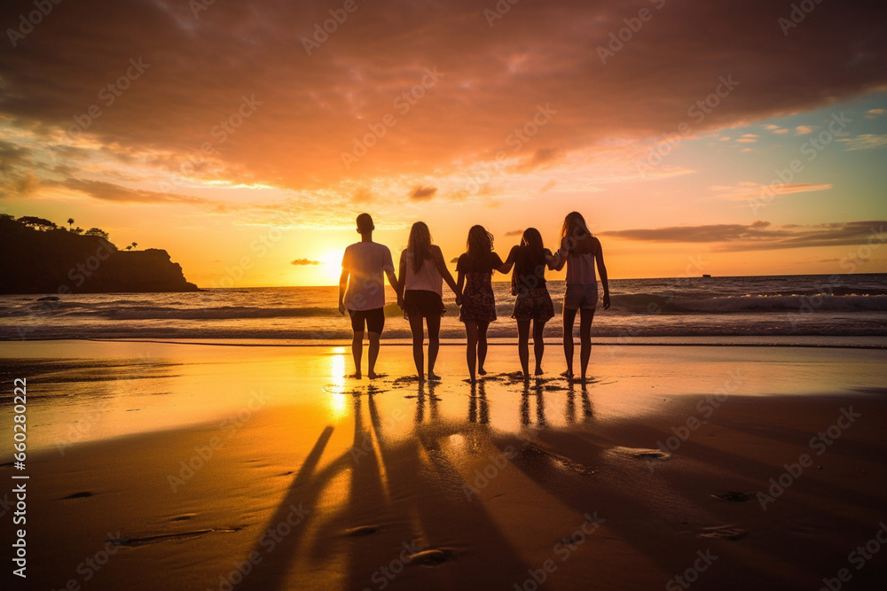 Group of friends having fun on the beach during sunset