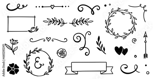 Flower frame, vintage ribbon vector element. Hand drawn doodle cute floral border, arrow, banner ribbon set. Wedding swirl element, floral frame, flower decorative element. Vector illustration