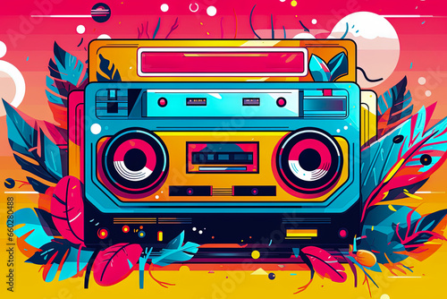 Illustrations from the cassette tape era in vibrant color compositions