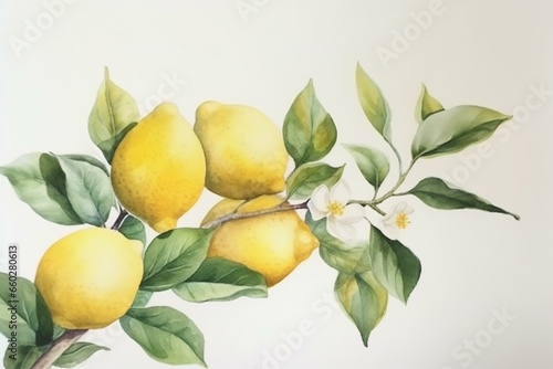 Lemon branch with watercolor on plain background. Generative AI