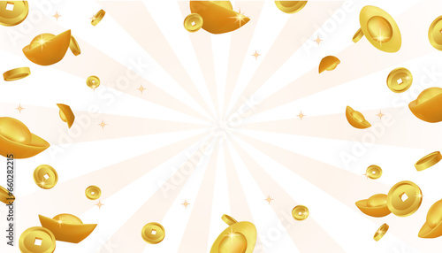 Gold ingots and gold coins flying outward on a radiation background