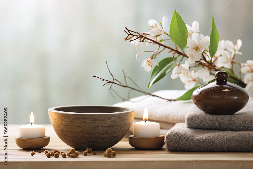 Spa atmosphere, tranquil scene, soft spa lighting, relaxing natural elements, holistic wellness