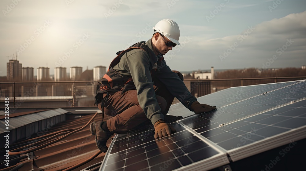 A handyman Installing Solar Panels On the Rooftop A handyman Installing Solar Panels On the Rooftop