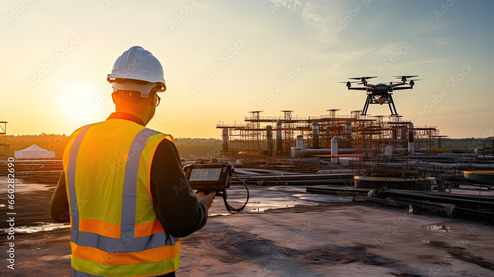 Man Doing Inspection with Drone at Construction Site Man Doing Inspection with Drone at Construction Site