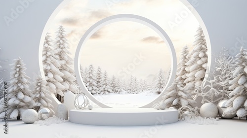Luxurious Christmas white podium product mockup with gift box on the winter background AI Generative