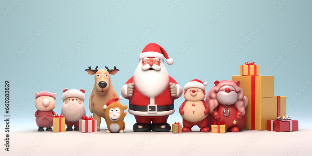 Christmas Santa Claus with bag of gifts box. Realistic 3d cartoon character. Happy New Year and Merry Christmas. Holiday card, red banner, web poster. Christmas Santa Claus with bag of gifts box. Realistic 3d cartoon character. Happy New Year and Merry Christmas. Holiday card, red banner, web poster.