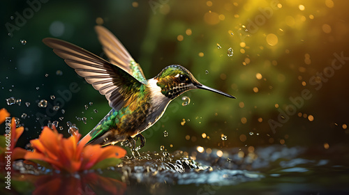 Flying Hummingbird With Water Splash, Beautiful Hummingbird Colorful Wallpaper, generative ai © Sajal.savar