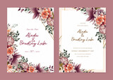 Orange and purple violet peony elegant wedding invitation card template with watercolor floral and leaves