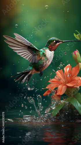 Flying Hummingbird With Water Splash, Beautiful Hummingbird Colorful Wallpaper, generative ai