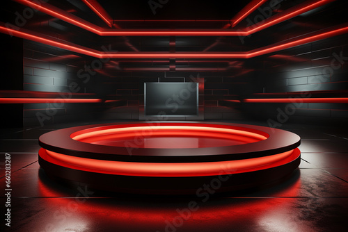Ai Generated photo red light round podium and black background for mock up realistic image © Syed Qaseem Raza