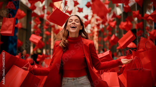 Dressed in fashionable red sweater and jacket elegant hairstyle, grown woman enjoys skillfully catches falling gift bags with enthusiasm