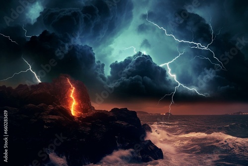 Nighttime tempest with lightning and turbulent sea. Generative AI