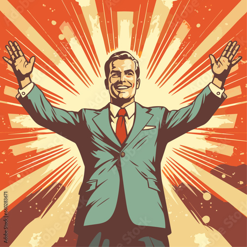 Happy and excited young businessman celebrating victory, expressing success, strength, energy and positive emotions. Hand drawn illustration vector design