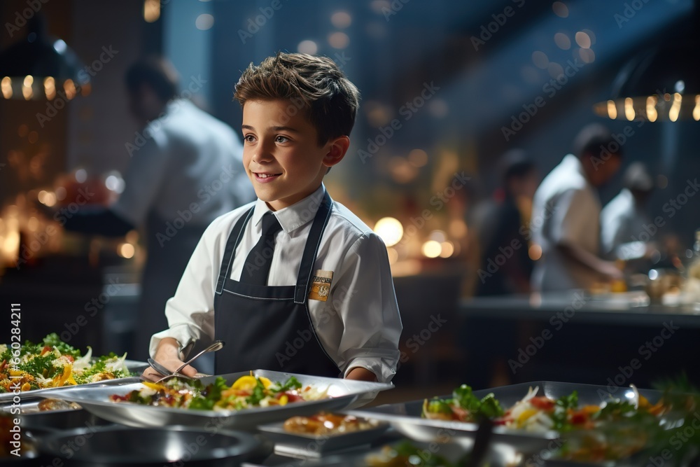 An skilled kid chef in a kitchen, carefully plating a gourmet dish. An skilled kid chef in a kitchen, carefully plating a gourmet dish.