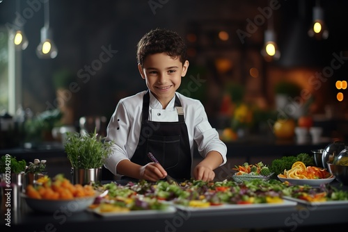 An skilled kid chef in a kitchen, carefully plating a gourmet dish. © jakapong