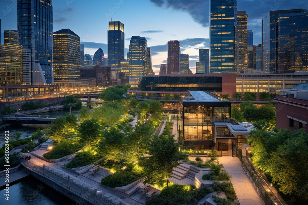Fototapeta premium The Sustainable Metropolis: A City's Commercial Hub at Twilight, Each Building a Glowing Beacon of Sustainability with Lush Green Roofs