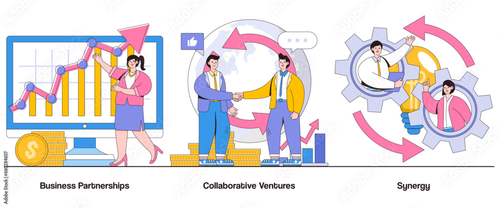 Business partnerships, collaborative ventures, synergy concept with character. Strategic alliances abstract vector illustration set. Mutual growth, shared resources, collaborative success metaphor Business partnerships, collaborative ventures, synergy concept with character. Strategic alliances abstract vector illustration set. Mutual growth, shared resources, collaborative success metaphor