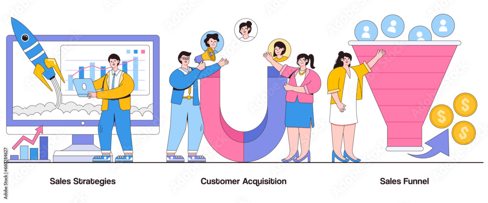 Sales strategies, customer acquisition, sales funnel concept with character. Sales optimization abstract vector illustration set. Lead generation, conversion rate, revenue growth metaphor