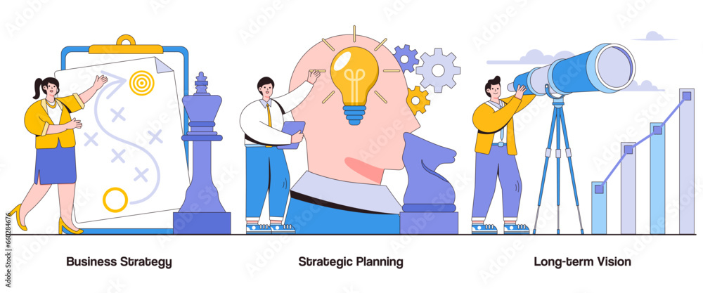 Business strategy, strategic planning, long-term vision concept with character. Strategic thinking abstract vector illustration set. Goal setting, action planning, strategic implementation metaphor
