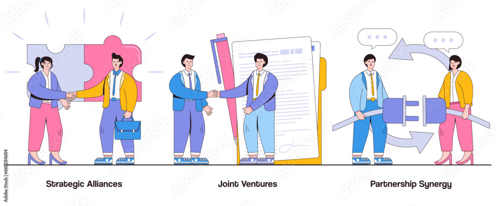 Strategic alliances, joint ventures, partnership synergy concept with character. Collaborative partnerships abstract vector illustration set. Shared resources, mutual benefits, market expansion