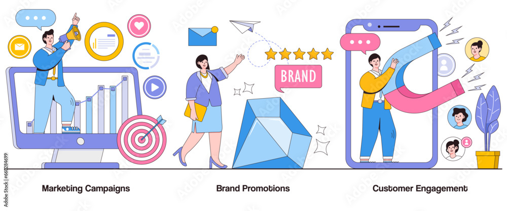 Marketing campaigns, brand promotions, customer engagement concept with character. Marketing success abstract vector illustration set. Campaign effectiveness, brand awareness, customer interaction
