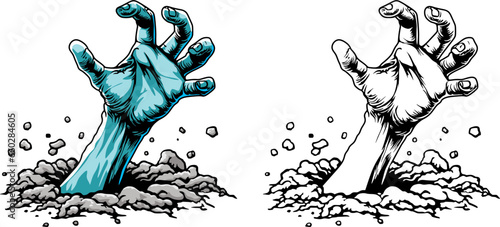 green zombie hand sticking out of a hole in the ground
