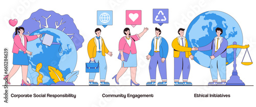 Corporate social responsibility, community engagement, ethical initiatives concept with character. CSR practices abstract vector illustration set. Sustainable impact, purpose-driven business metaphor