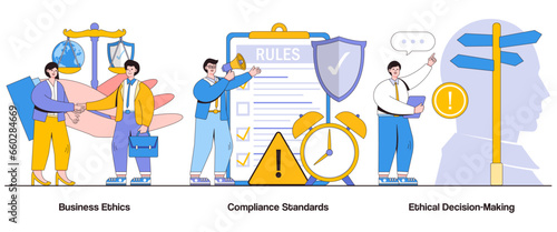 Business ethics, compliance standards, ethical decision-making concept with character. Ethical business practices abstract vector illustration set. Integrity, transparency, social responsibility
