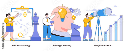 Business strategy, strategic planning, long-term vision concept with character. Strategic thinking abstract vector illustration set. Goal setting, action planning, strategic implementation metaphor