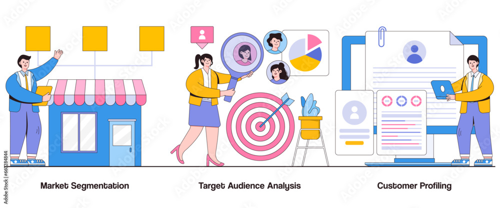 Market segmentation, target audience analysis, customer profiling concept with character. Audience segmentation abstract vector illustration set. Market targeting, personalized marketing metaphor Market segmentation, target audience analysis, customer profiling concept with character. Audience segmentation abstract vector illustration set. Market targeting, personalized marketing metaphor