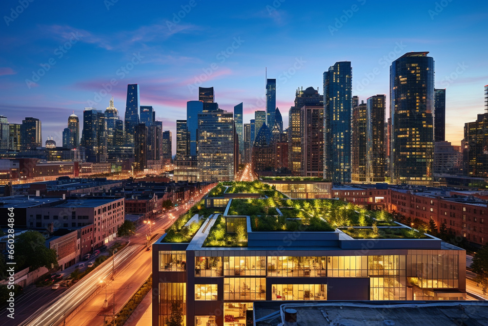 Fototapeta premium The Sustainable Metropolis: A City's Commercial Hub at Twilight, Each Building a Glowing Beacon of Sustainability with Lush Green Roofs