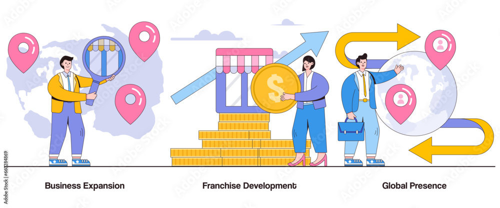 Business expansion, franchise development, global presence concept with character. Franchise growth abstract vector illustration set. Business scalability, brand replication, market penetration