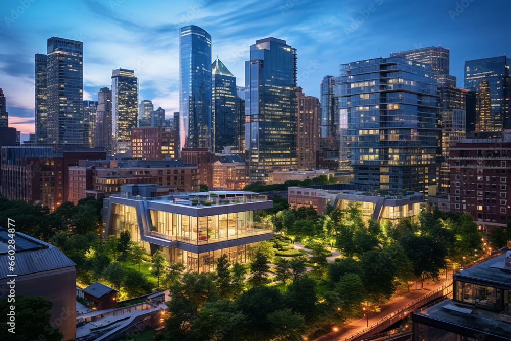 Obraz premium The Sustainable Metropolis: A City's Commercial Hub at Twilight, Each Building a Glowing Beacon of Sustainability with Lush Green Roofs
