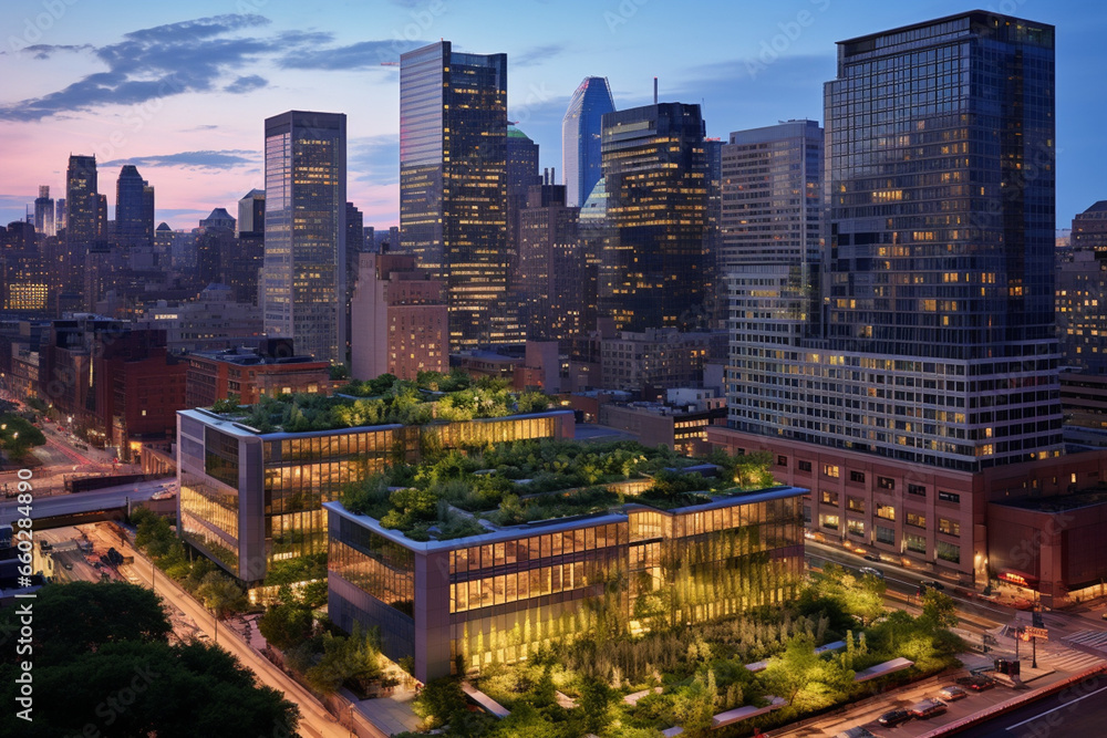 Obraz premium The Sustainable Metropolis: A City's Commercial Hub at Twilight, Each Building a Glowing Beacon of Sustainability with Lush Green Roofs