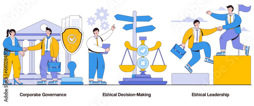 Corporate governance, ethical decision-making, ethical leadership concept with character. Corporate responsibility abstract vector illustration set. Transparency, board oversight, accountability