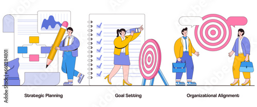 Strategic planning, goal setting, organizational alignment concept with character. Strategic direction abstract vector illustration set. Strategic vision, actionable objectives, goal attainment