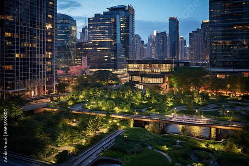 The Sustainable Metropolis  A City s Commercial Hub at Twilight  Each Building a Glowing Beacon of Sustainability with Lush Green Roofs
